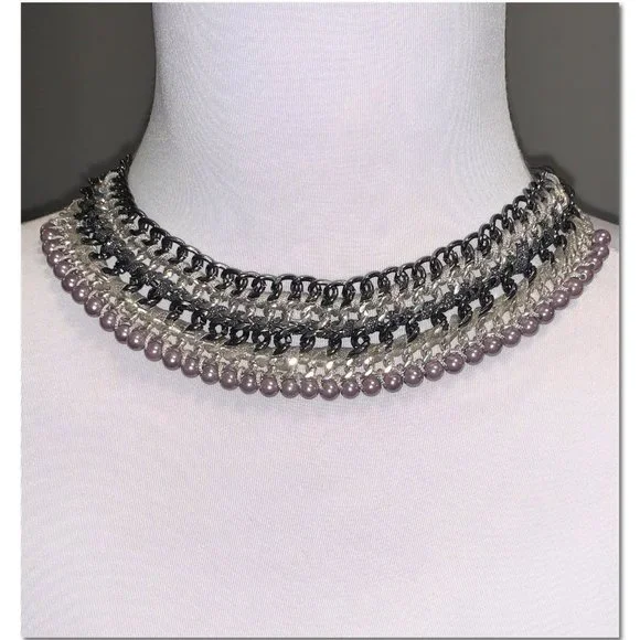 Express Silver Gunmetal Beaded Bib Statement Necklace EUC - Picture 1 of 4